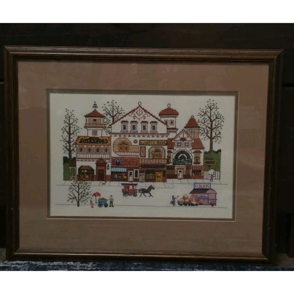 VTG FINISHED FRAMED Cross Stitch Old Town Main Street Charles Wysocki Completed
